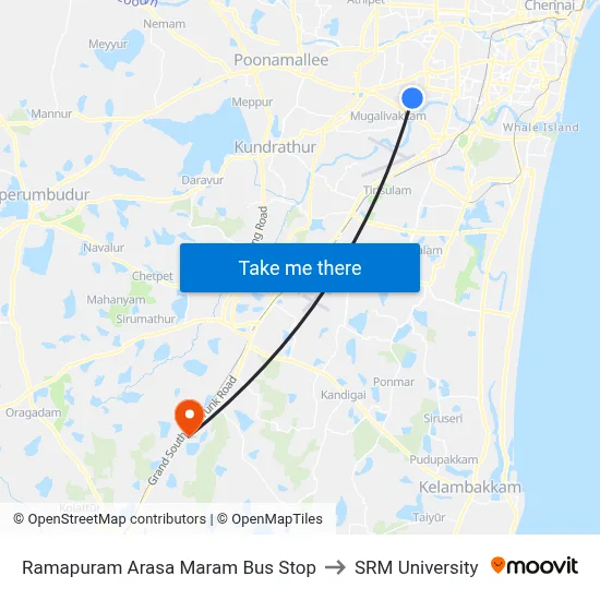 Ramapuram Arasa Maram Bus Stop to SRM University map