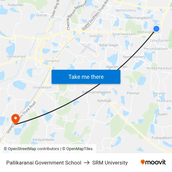Pallikaranai Government School to SRM University map