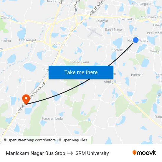 Manickam Nagar Bus Stop to SRM University map