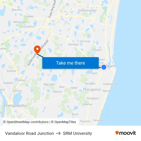Vandaloor Road Junction to SRM University map