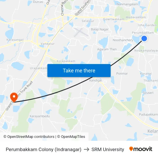Perumbakkam Colony (Indranagar) to SRM University map