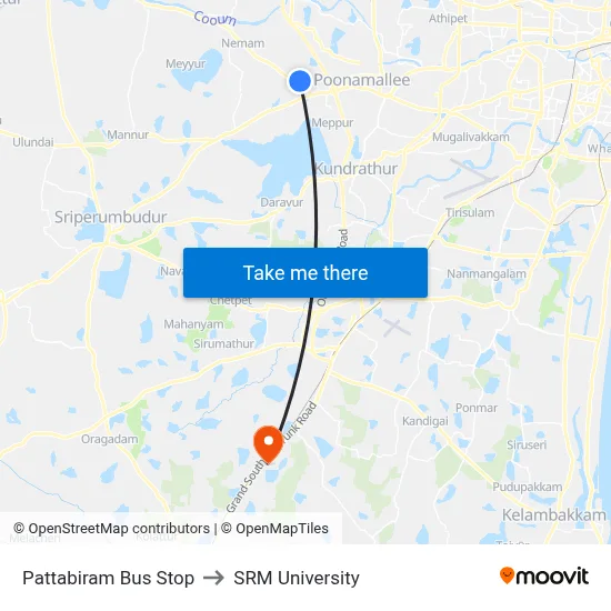 Pattabiram Bus Stop to SRM University map