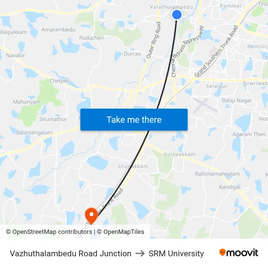 Vazhuthalambedu Road Junction to SRM University map