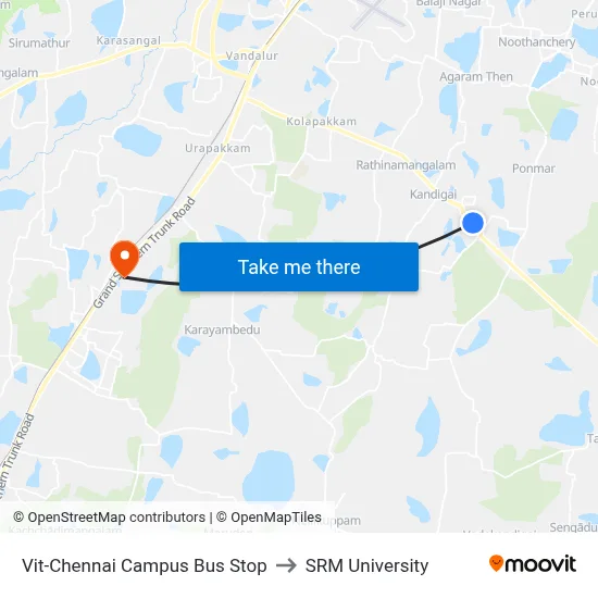 Vit-Chennai Campus Bus Stop to SRM University map