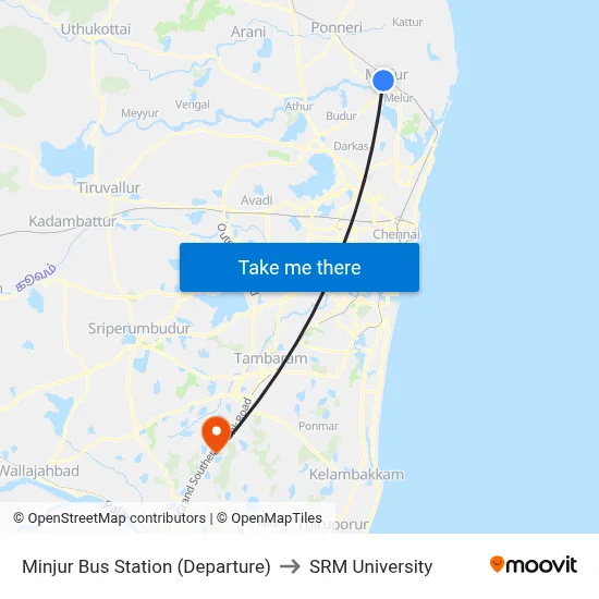 Minjur Bus Station (Departure) to SRM University map