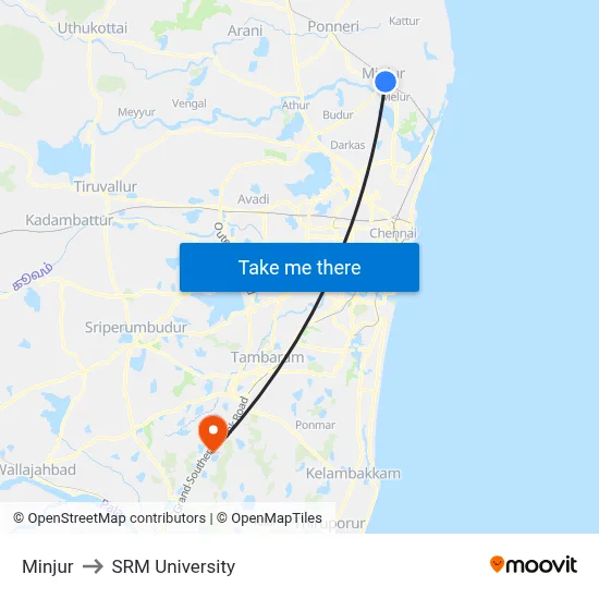 Minjur to SRM University map