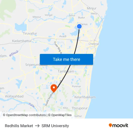 Redhills Market to SRM University map