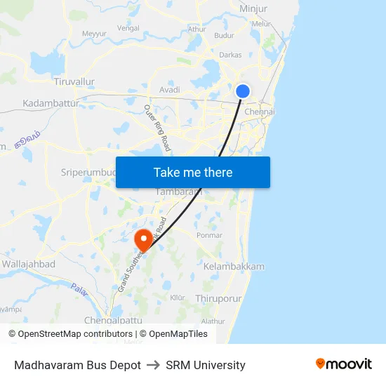 Madhavaram Bus Depot to SRM University map