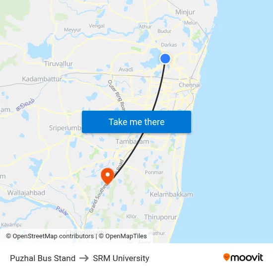 Puzhal Bus Stand to SRM University map