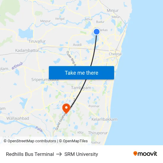 Redhills Bus Terminal to SRM University map