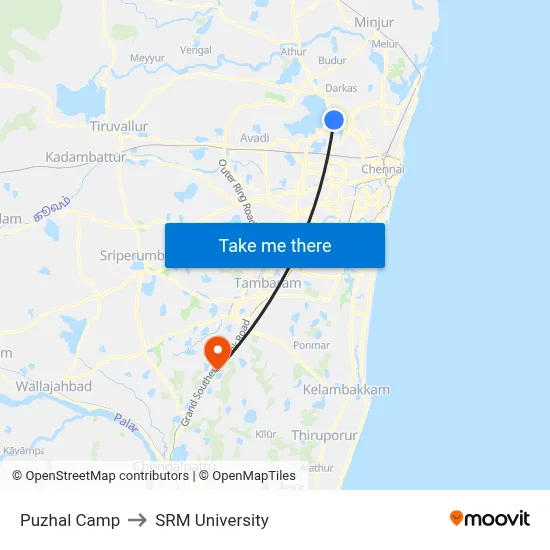 Puzhal Camp to SRM University map