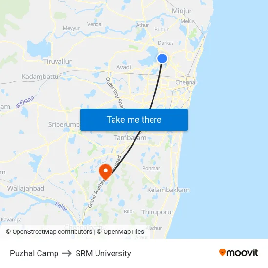 Puzhal Camp to SRM University map