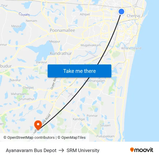 Ayanavaram Bus Depot to SRM University map
