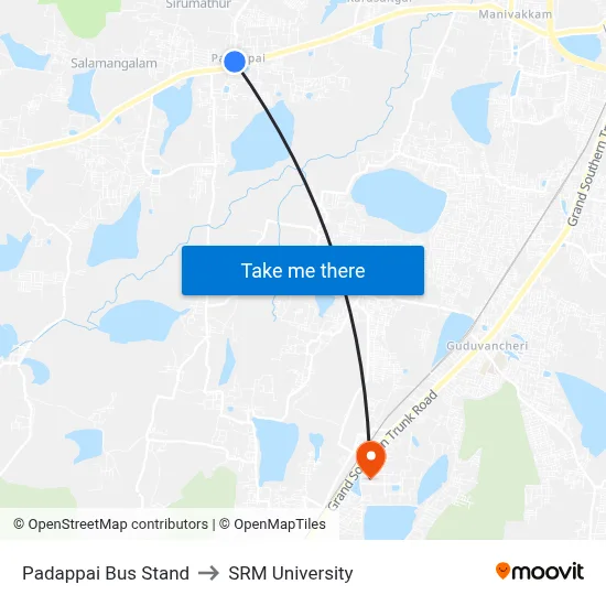 Padappai Bus Stand to SRM University map