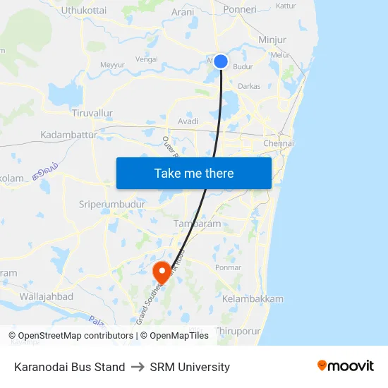 Karanodai Bus Stand to SRM University map
