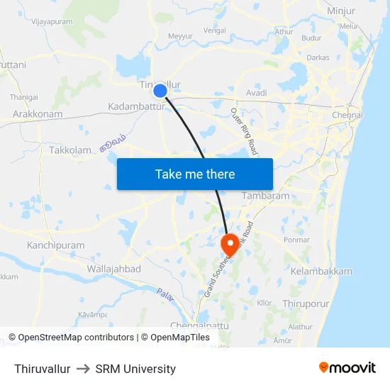 Thiruvallur to SRM University map