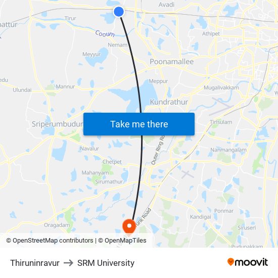 Thiruninravur to SRM University map