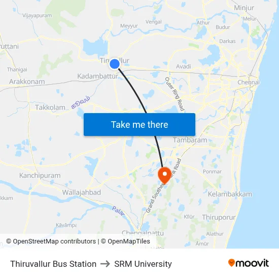 Thiruvallur Bus Station to SRM University map