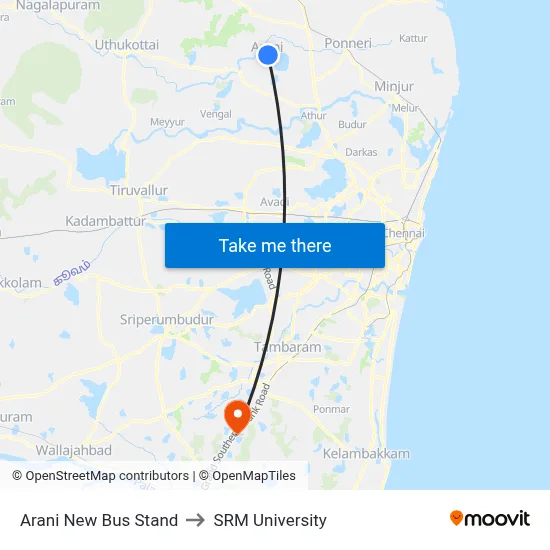 Arani New Bus Stand to SRM University map