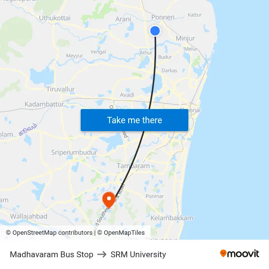 Madhavaram Bus Stop to SRM University map