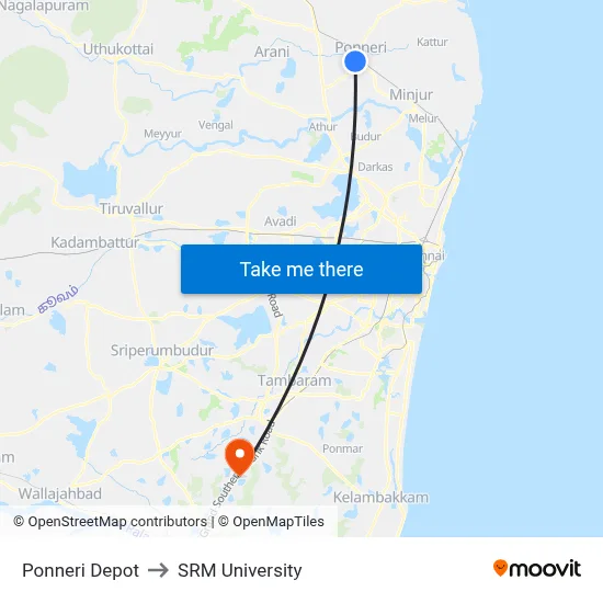Ponneri Depot to SRM University map