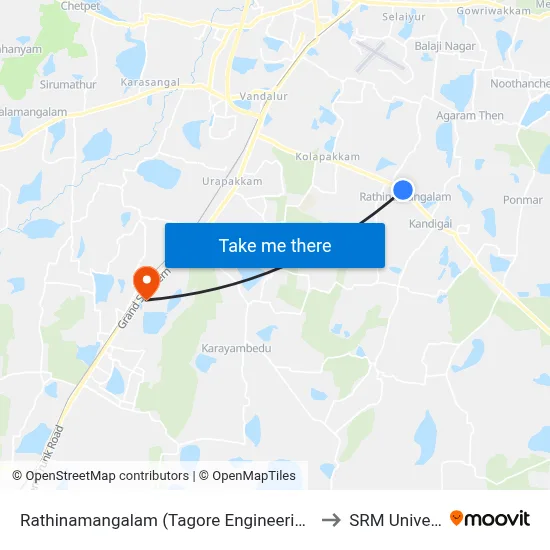 Rathinamangalam (Tagore Engineering College) to SRM University map