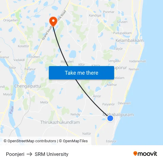 Poonjeri to SRM University map