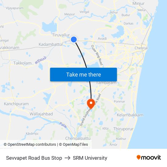 Sevvapet Road Bus Stop to SRM University map