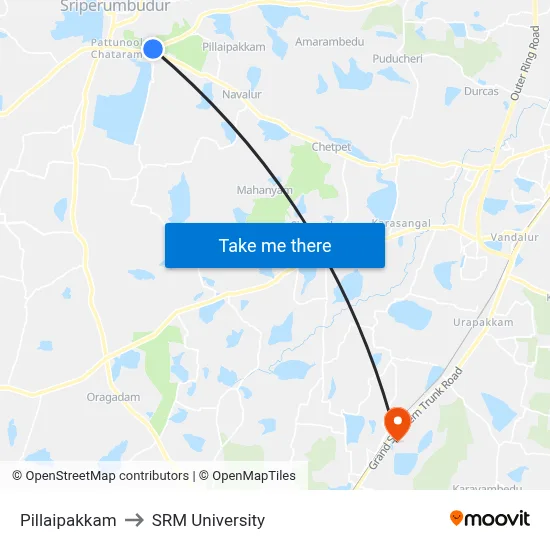 Pillaipakkam to SRM University map