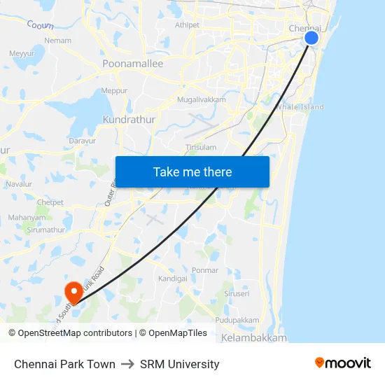 Chennai Park Town to SRM University map