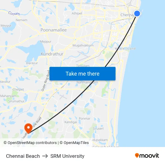 Chennai Beach to SRM University map