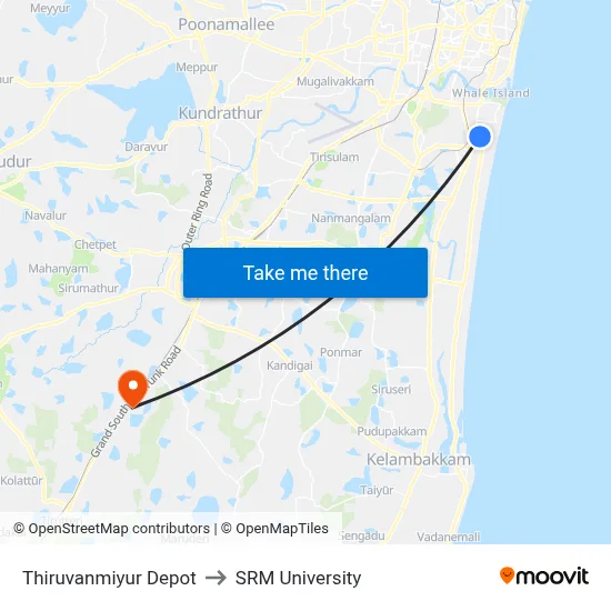 Thiruvanmiyur Depot to SRM University map