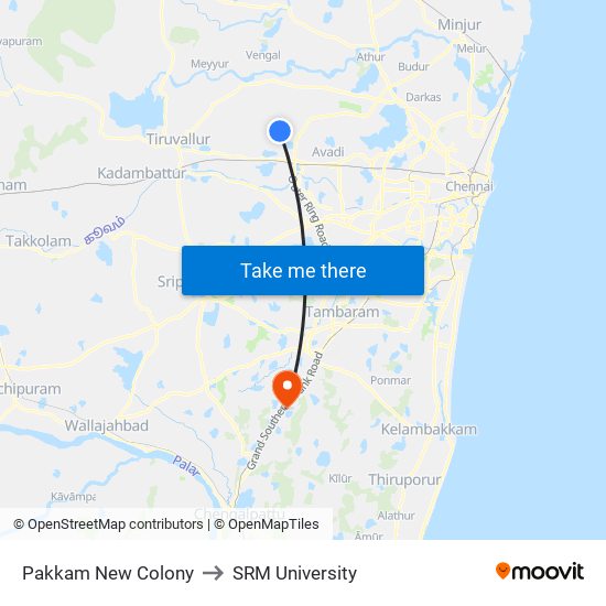 Pakkam New Colony to SRM University map