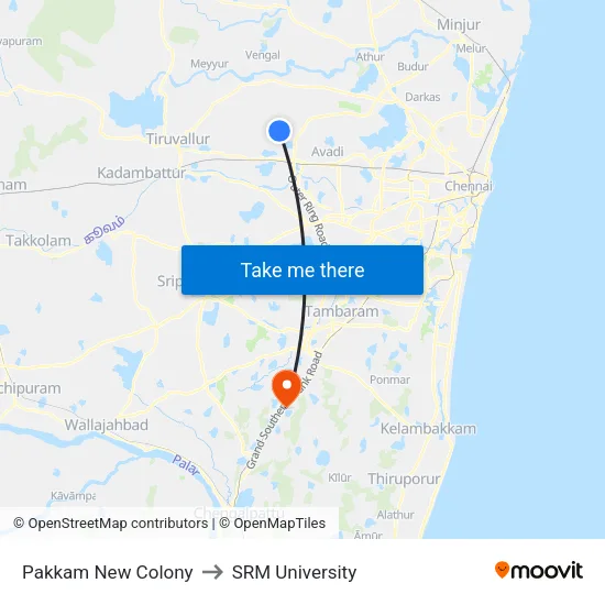 Pakkam New Colony to SRM University map