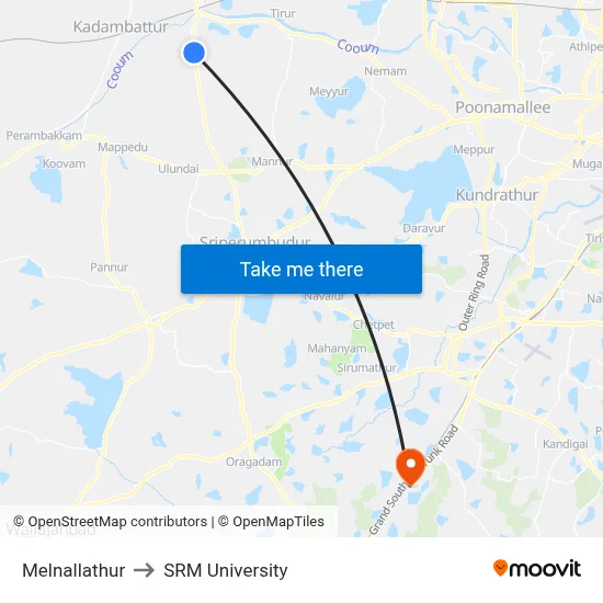 Melnallathur to SRM University map