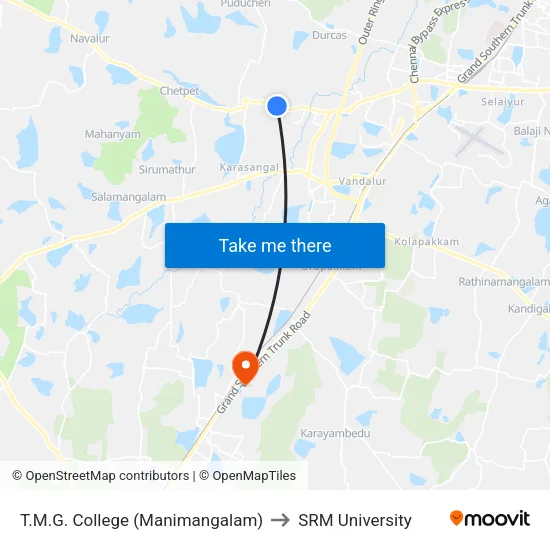 T.M.G. College (Manimangalam) to SRM University map