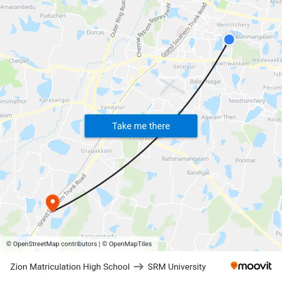 Zion Matriculation High School to SRM University map
