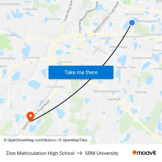 Zion Matriculation High School to SRM University map