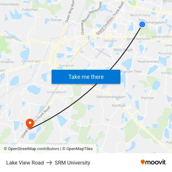 Lake View Road to SRM University map