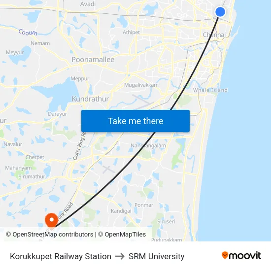 Korukkupet Railway Station to SRM University map