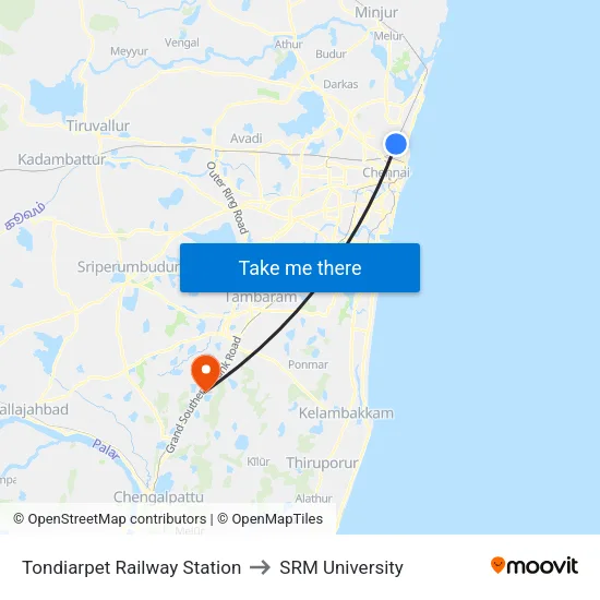 Tondiarpet Railway Station to SRM University map