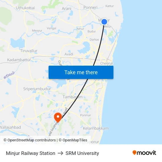 Minjur Railway Station to SRM University map