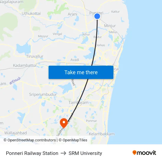 Ponneri Railway Station to SRM University map