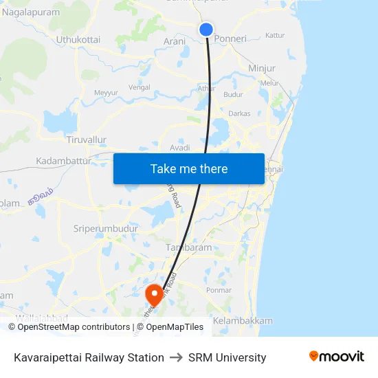 Kavaraipettai Railway Station to SRM University map