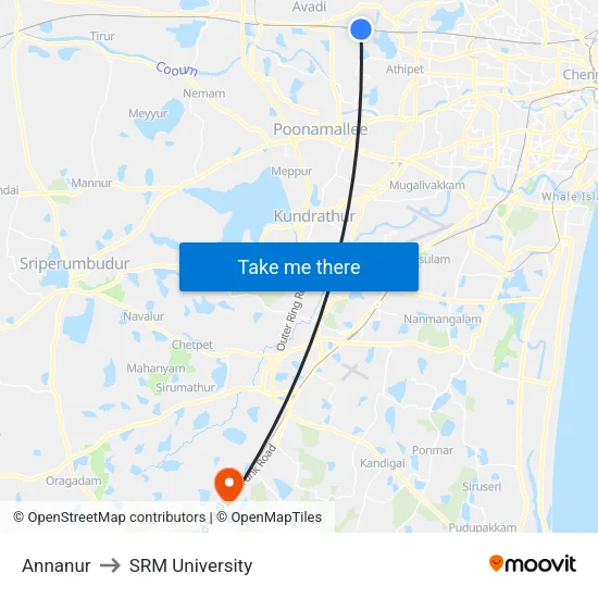Annanur to SRM University map