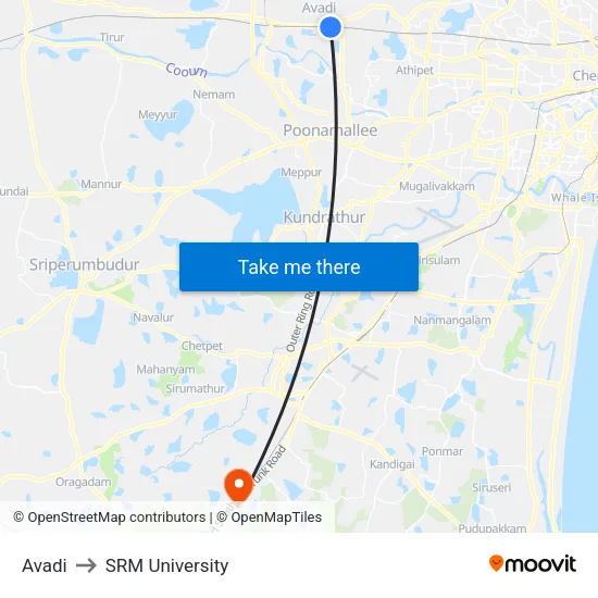 Avadi to SRM University map