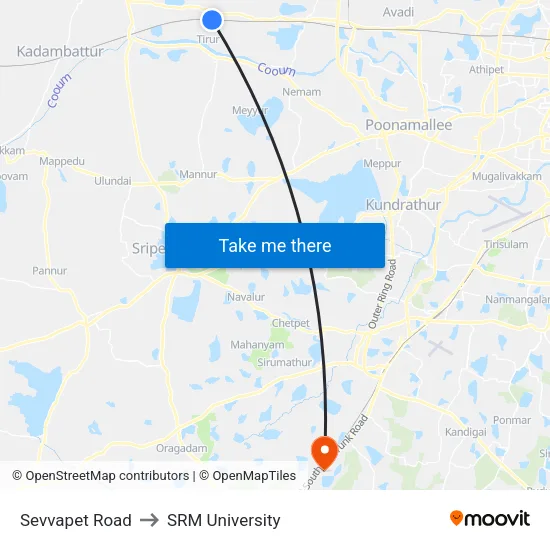 Sevvapet Road to SRM University map