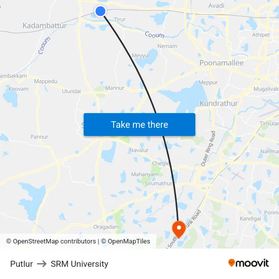 Putlur to SRM University map