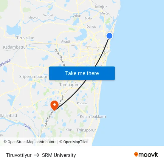 Tiruvottiyur to SRM University map