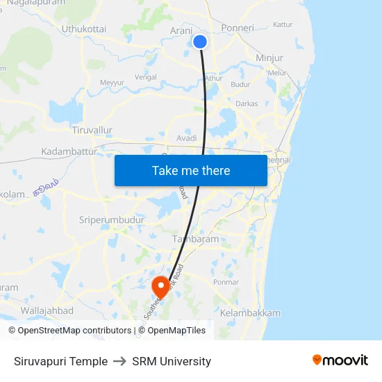 Siruvapuri Temple to SRM University map